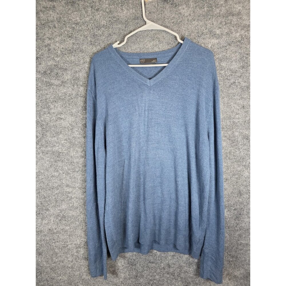 M&S Sweater Mens Large Blue Cashmilon V Neck Pullover Long Sleeve Stains Pilling